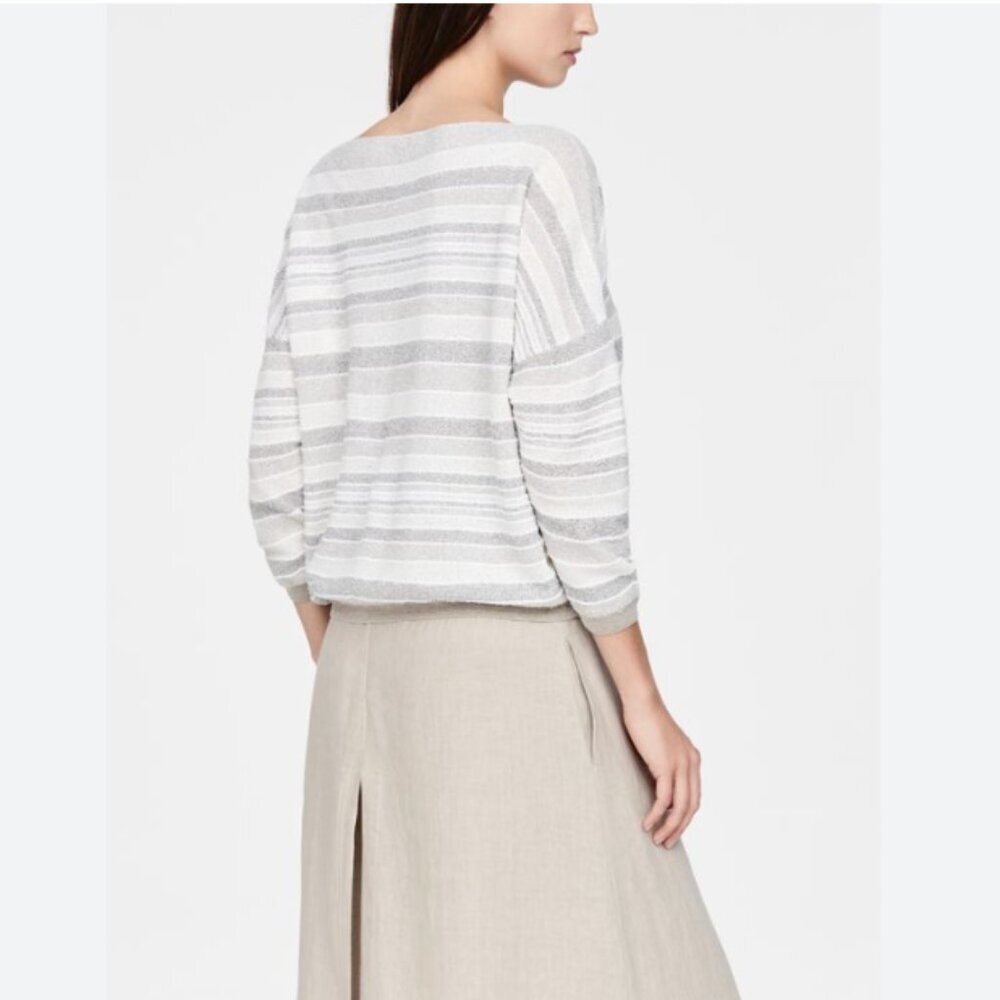 Sarah Pacini Spring 2024 Collection Faded Chalky Stripes Casual Fuzzy Sweater